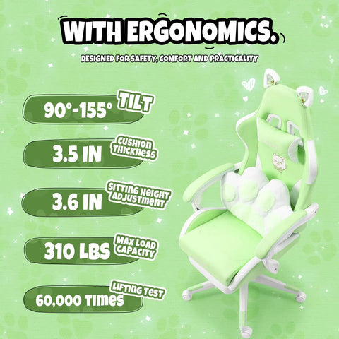 Totally Cute Cat Ears Gaming Chair With Detachable Ears, Plush Cat Paw Lumbar Pillow, Ergonomic PU Leather Office Chair With Footrest