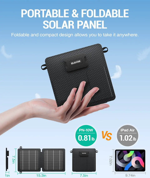 On The Go 10W Foldable Solar Charger with USB C and USB A outputs, held in hand, showing portable compact design.
