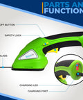 Quick Change Blade Cordless Garden Shears For Snipping Grass And Trimming Hedges Rechargeable Lightweight handheld clippers with controls.