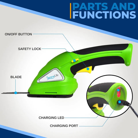 Quick Change Blade Cordless Garden Shears For Snipping Grass And Trimming Hedges Rechargeable Lightweight handheld clippers with controls.