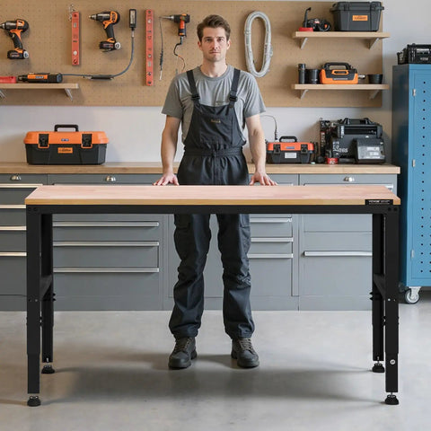 Heavy Duty Adjustable Workbench With 2000 Lb Capacity 61 By 20 Inch Surface Height Adjustable From 27.1 To 36 Inches Built In Power Outlets Perfect For Garage Shop Or Office shown with a person for scale in a workshop setting