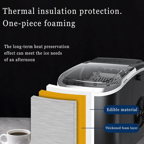 Portable Countertop Ice Maker Serving Solid Cubes In Six Minutes Flat Includes Built In Handle And Scoop Hella Quiet Self Cleaning Churns Fifteen Kilos Daily showing thermal insulation layers and part of machine.