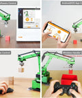 Four-panel collage of LewanSoul MaxArm robotic arm kit with PC software control, mobile app control, and mouse control.