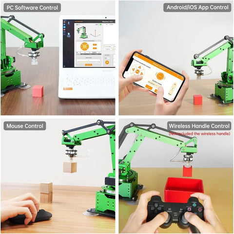 Four-panel collage of LewanSoul MaxArm robotic arm kit with PC software control, mobile app control, and mouse control.