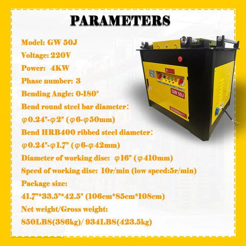 Go Hard Heavy Duty Electric Rebar Bender 4000W Motor with specifications displayed on a yellow background.