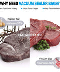Comparison of steak freshness after one week with regular bag vs Meal Prep Ready Vacuum Sealer Bags For Food Storage 6x8 Inch 15x20 Cm Precut 100 Bags Boil Safe Freeze Safe Steam Sous Vide Friendly Keeps Snacks Fruits Nuts Fresh Longer