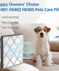 Dog next to Premium HE400 Series Filter Replacement For Air Purifier 4 Models With Odor Lock for HE400 HE401 HE401C HE401NP