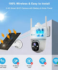 2K Solar Wireless Outdoor Security Camera with 360 Degree PTZ, solar panel setup, and WiFi connectivity displayed on wall mount.
