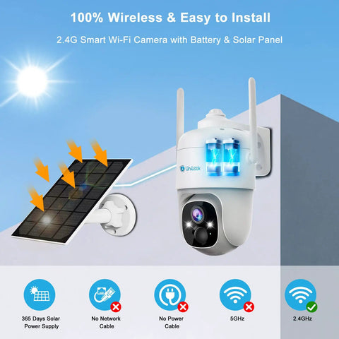 2K Solar Wireless Outdoor Security Camera with 360 Degree PTZ, solar panel setup, and WiFi connectivity displayed on wall mount.