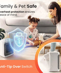 Powerful 1500W Portable Electric Ceramic Space Heater With Adjustable Thermostat shown in living room with safety features.