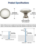 Product specifications for brushed nickel knobs 1-1/6 in diameter, 7/8 in height designed for cabinet upgrades.