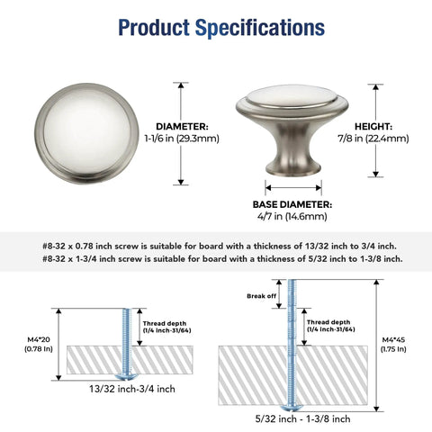 Product specifications for brushed nickel knobs 1-1/6 in diameter, 7/8 in height designed for cabinet upgrades.