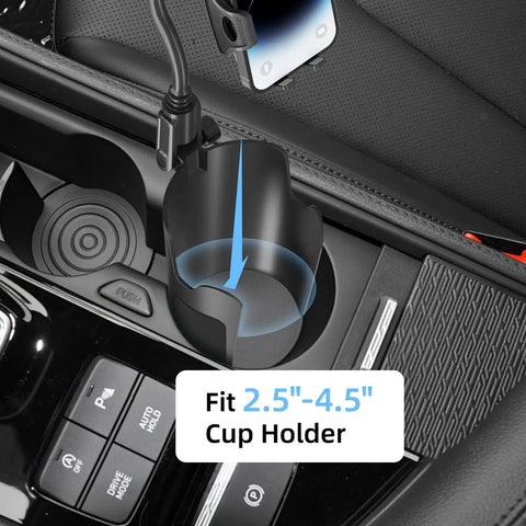 Cup Phone Holder For Car With 360 Degree Gooseneck in 2.5 to 4.5 inch car cup holder, view from above showing phone mount