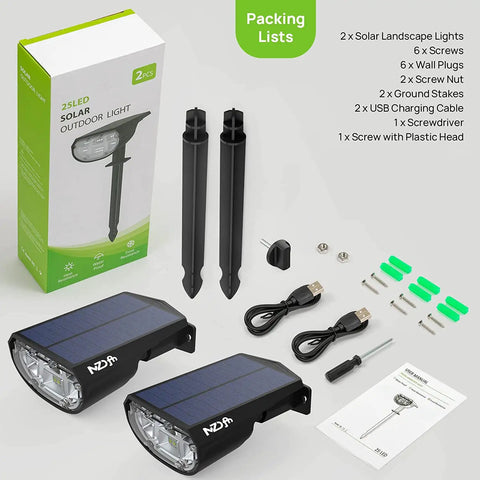 Contents of Ultra Bright Outdoor Solar Spot Lights IP68 Waterproof Landscape Spotlights, 3 Modes, USB And Solar Powered Wall Lights package