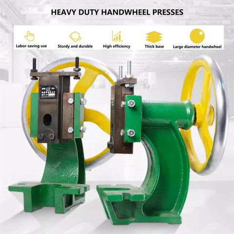 Heavy Duty Manual Hand Wheel Press 1.2 Ton Capacity Precision Cast Iron Flatbed Bench Arbor Machine For Punching Bending And Metal Extruding Tasks With Rock Solid Stability And Pro Shop Performance, green and yellow cast iron design.
