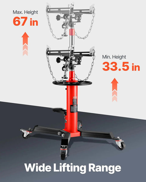 Half Ton Hydraulic Transmission Jack With 1100 Lb Capacity, 33.5 To 67 Inch Lift Range, 2 Stage Telescoping Design, Foot Pedal Release, 360 Degree Swivel Wheels, Car And Light Truck Transmission Lift, Red
