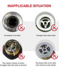 Inapplicable situations for Tub Drain Remover Wrench Tool For Shower And Bathtub Built Tough Aluminum Dual Ended Fits 1 3 8 Inch And 1 1 2 Inch Drain Shoes PL0030 Easy Removal And Installation, showing broken crossbars and incompatible drain holes.
