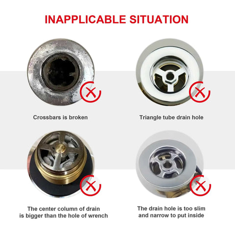 Inapplicable situations for Tub Drain Remover Wrench Tool For Shower And Bathtub Built Tough Aluminum Dual Ended Fits 1 3 8 Inch And 1 1 2 Inch Drain Shoes PL0030 Easy Removal And Installation, showing broken crossbars and incompatible drain holes.