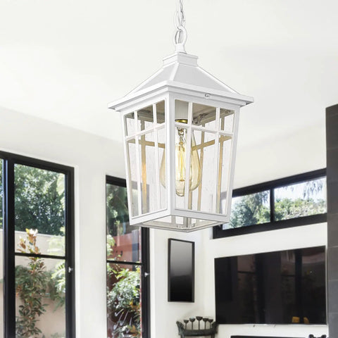 Outdoor Pendant Light Fixture With Seeded Glass, Weatherproof Aluminum Hanging Porch Light For Entryway Or Farmhouse Style, Rust Proof IP65 Waterproof, Shock Resistant And Thermally Stable, White Finish For Durable Exterior Lighting