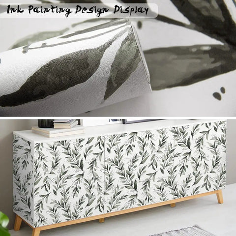 Close-up of olive leaf peel and stick wallpaper in sage green on a cabinet, 17.7 x 196.8 inch roll, removable vinyl, farmhouse decor.