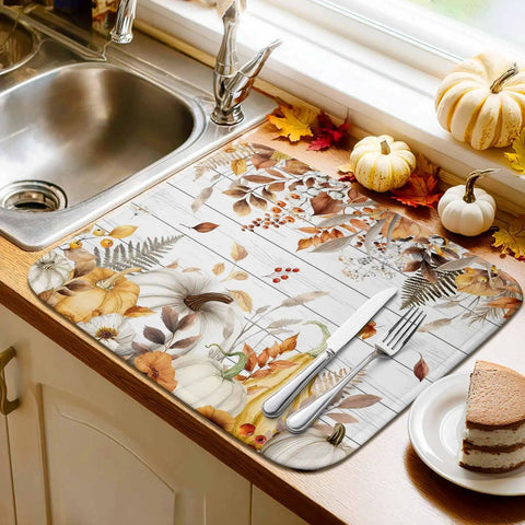 Fall Thanksgiving Dish Drying Mat Set With Pumpkin Leaves Design Absorbent Microfiber Over Cushioned Sponge Core 16 By 18 Inches