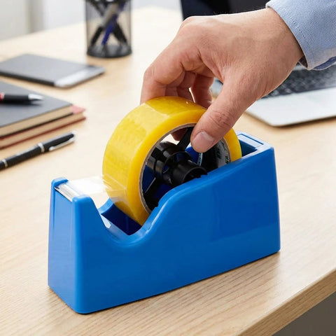 Pack Of Two Top Tier Tape Dispenser Core Replacement 36mm Plastic Insert Wheel in blue holder with yellow tape being used.