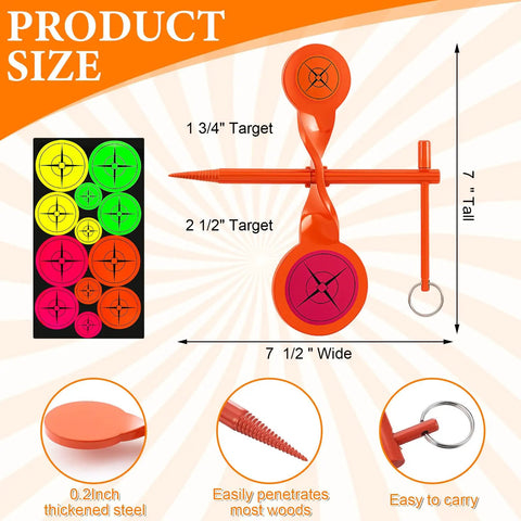 Two Pack High Carbon Steel Walking Tree Spinner Targets with auto reset and dual size shown in a size diagram.