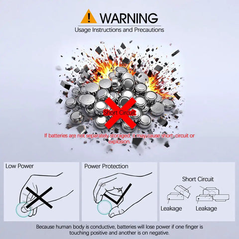 Warning image for Top Shelf 40 Pack Ag10 Plus Lr1130 Button Cell Batteries 1.5 Volt Alkaline power storage and short circuit precautions.