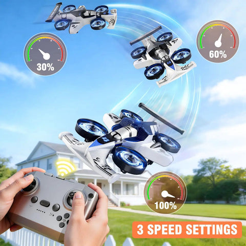 Hands operating remote with Totally 2 In 1 Remote Control RC Plane And Car That Lets You Ride And Fly Foam Indoor Outdoor Racer in flight mode.
