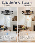 Premium Caged Ceiling Fan And Light With Remote Flush Mount Farmhouse Style Bladeless Design For Kitchen Bedroom Total Game Changer Industrial Black Decor That Brings Dope Modern Flow To Your Space showing forward and reverse airflow in a living room.