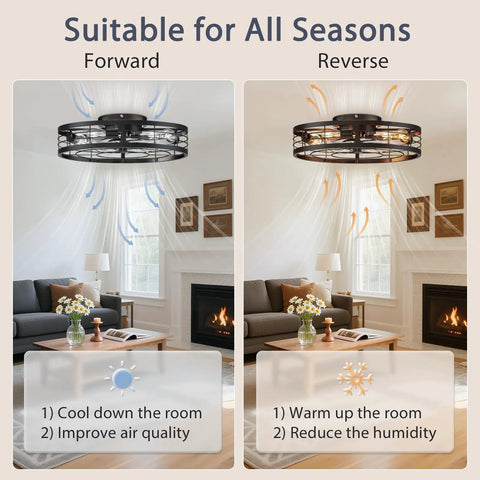 Premium Caged Ceiling Fan And Light With Remote Flush Mount Farmhouse Style Bladeless Design For Kitchen Bedroom Total Game Changer Industrial Black Decor That Brings Dope Modern Flow To Your Space showing forward and reverse airflow in a living room.