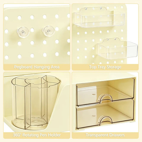 Desk Organizer With 360 Degree Rotating Pen Holder Five Slots Two Drawers Open Top Tray And Pegboard For Office School And Art Supplies