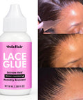 Extreme Hold Lace Wig Glue Waterproof Bonding Adhesive For Wigs With Clear Drying Formula, image shows bottle and wig application results