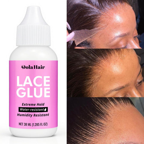 Extreme Hold Lace Wig Glue Waterproof Bonding Adhesive For Wigs With Clear Drying Formula, image shows bottle and wig application results
