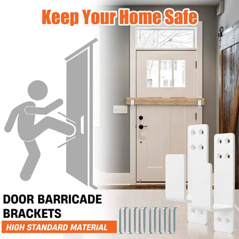 Heavy Duty 2x4 Door Barricade Brackets Set Of Two For Home Security White Built To Last Easy Install Door Bar Holder Brackets Tough As Nails Carbon Steel Construction For Added Security And Durability with screws and illustration of use