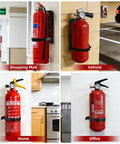 Heavy Duty Fire Extinguisher Bracket Set Of Five For Easy Wall Mounts In Home, Vehicle, And Boat, with a fire extinguisher mounted in various locations.