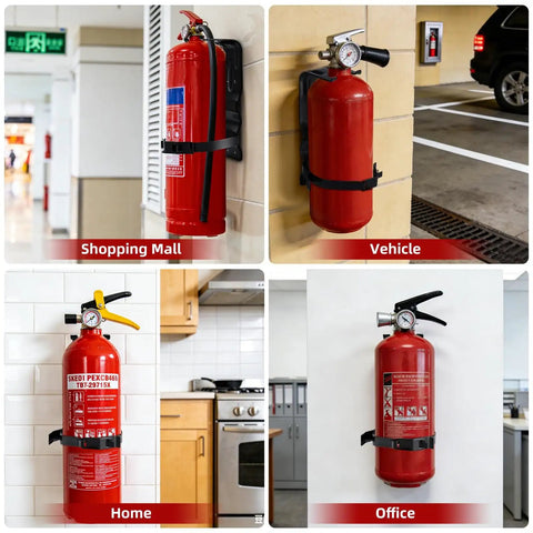 Heavy Duty Fire Extinguisher Bracket Set Of Five For Easy Wall Mounts In Home, Vehicle, And Boat, with a fire extinguisher mounted in various locations.