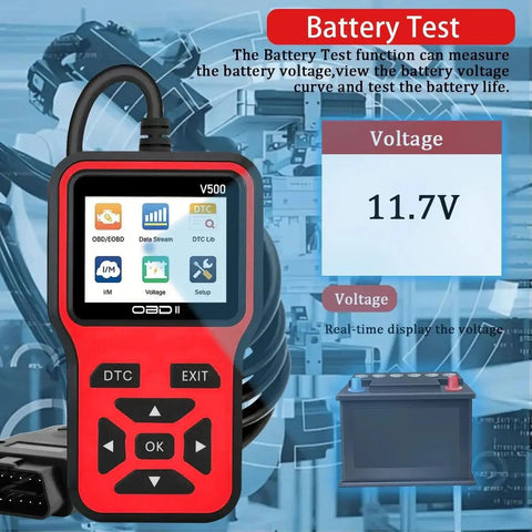 Red Garage Grade OBD2 Scanner Diagnostic Tool With Live Data Stream displaying 11.7V battery test on screen.