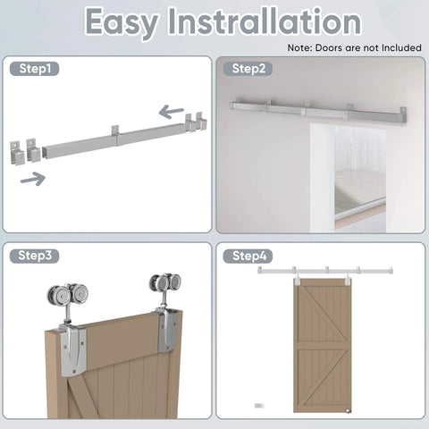 Installation steps of 14ft Box Rail Exterior Barn Door Hardware Kit For Two Doors System Heavy Duty Sliding Track Kit Wall Mount Door Hardware Galvanized Steel.