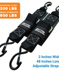 Heavy Duty 2 Inch By 48 Inch Boat Tie Down Straps For Trailer Marine Grade Transom Straps With Manual Buckle Clasp Short 4 Ft Length Secures Jet Skis And Boats Up To 1200 Lb Break Limit, shown with black fabric and metal hooks