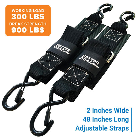 Heavy Duty 2 Inch By 48 Inch Boat Tie Down Straps For Trailer Marine Grade Transom Straps With Manual Buckle Clasp Short 4 Ft Length Secures Jet Skis And Boats Up To 1200 Lb Break Limit, shown with black fabric and metal hooks