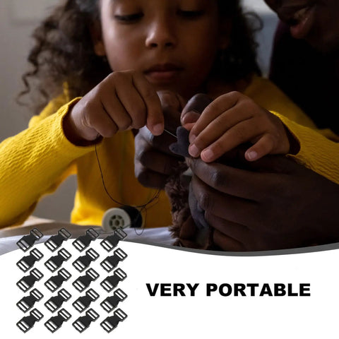 Child holding sewing needle, text 'Very Portable', overlay of Mini 6mm Plastic Snap Buckles For Doll Bags And Webbing, Quick Release Fasteners, 0.24 Inch Inner Diameter, Great For Crafting And Sewing Projects
