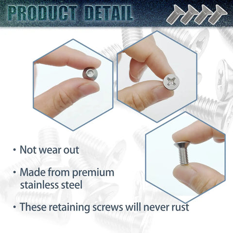 8 Piece Stainless Steel Retaining Screws For Front Rear Brake Disc Rotors, Rust Proof Auto Hardware, close-up of durable screw details.