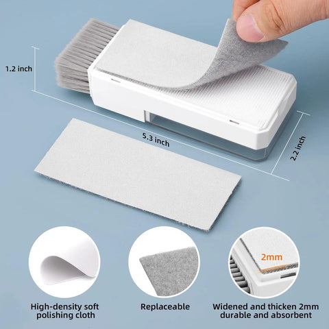All In One Keyboard Cleaning Kit For Laptops And PCs With Retractable Brush Soft Cloths Keycap Puller Lens Pen Flocking Sponge And More The Ultimate Electronic Cleaner Kit For iPhone iPad MacBook Earbuds Cameras Monitors Patented Design with a high-density soft polishing cloth and replaceable pad