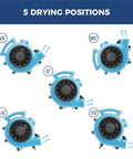 Heavy Duty Air Mover And Floor Drying Fan With Three Speed Controls And Five Angle Adjustments shown in 5 drying positions.