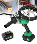 No Sweat Electric Wire Threading Machine For Pro Contractors featuring battery, handle, and fish tape for efficient cable pulling.