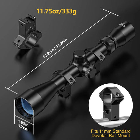 3-9x40 Crosshair Riflescope With R4 Reticle And 11mm Dovetail Mounts For Airsoft 10/22 Rimfire And .22 Pellet Guns .22LR .177 And .17 HMR Black