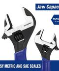 Six Inch Adjustable Wrench With Wide Jaw For Medium Bolts M6 To M16 Beefy Heavy Duty CR-V Steel Black Oxide Finish Includes Metric And SAE Scales