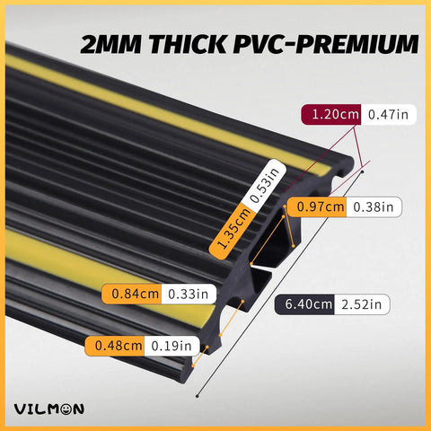 Detailed view of 6Ft Floor Cord Protector With 5 Channel Design Soft PVC Cable Cover showing dimensions and thickness
