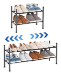 Expandable Shoe Rack For Closet And Entryway, Metal 8 Pairs Stackable Organizer, Adjustable 2 Tier Shelves In Black, Extends View